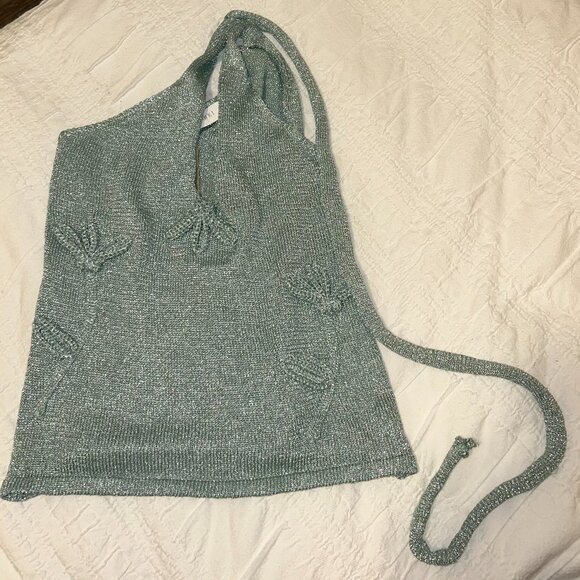 Meshki Leone One Shoulder Metallic Knit Top (large, aqua) - Picture 1 of 3